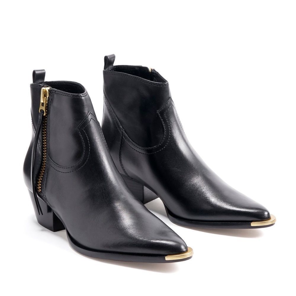 Schutz Western Ankle Boots NEW Black Traci Leather Brass Metal Toe 6.5